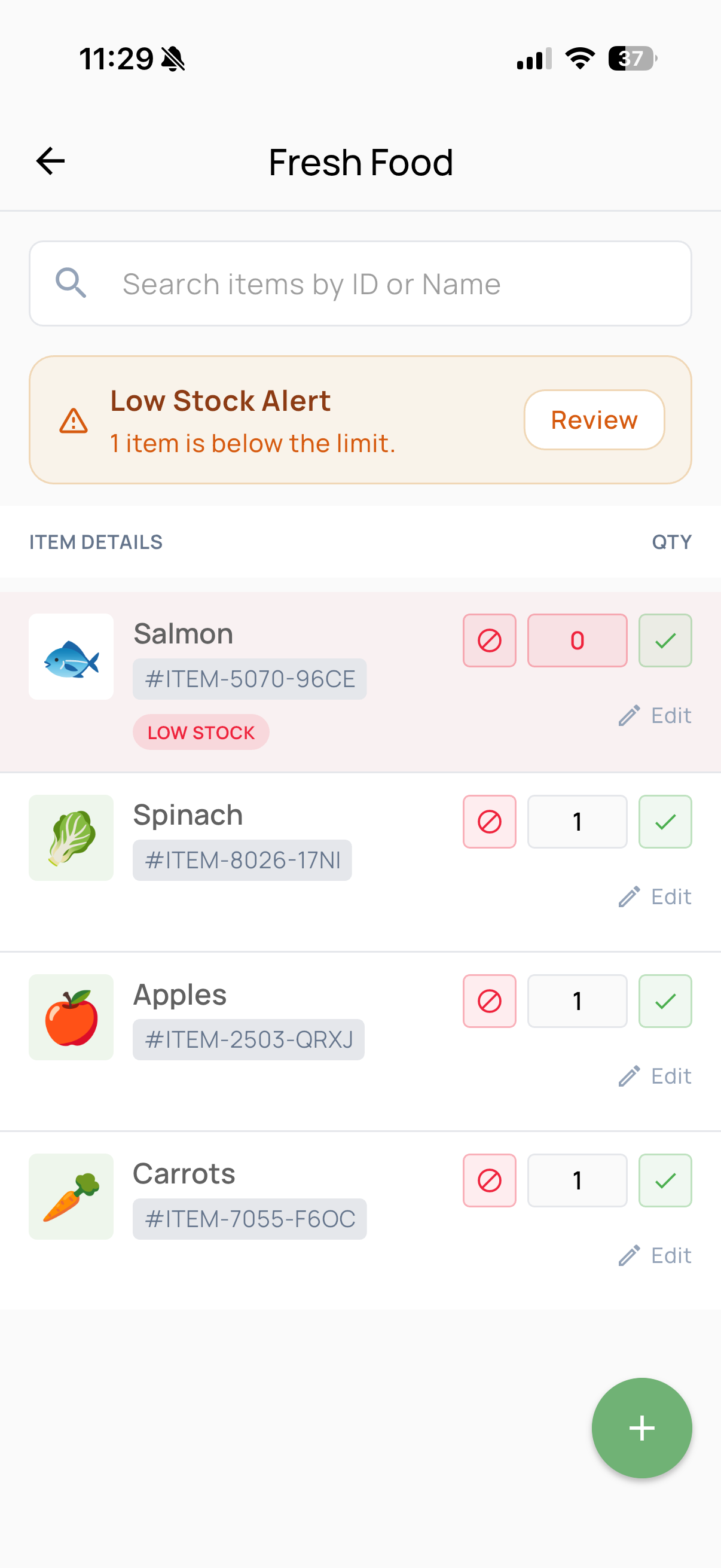 Fresh Food group item list with stock counters