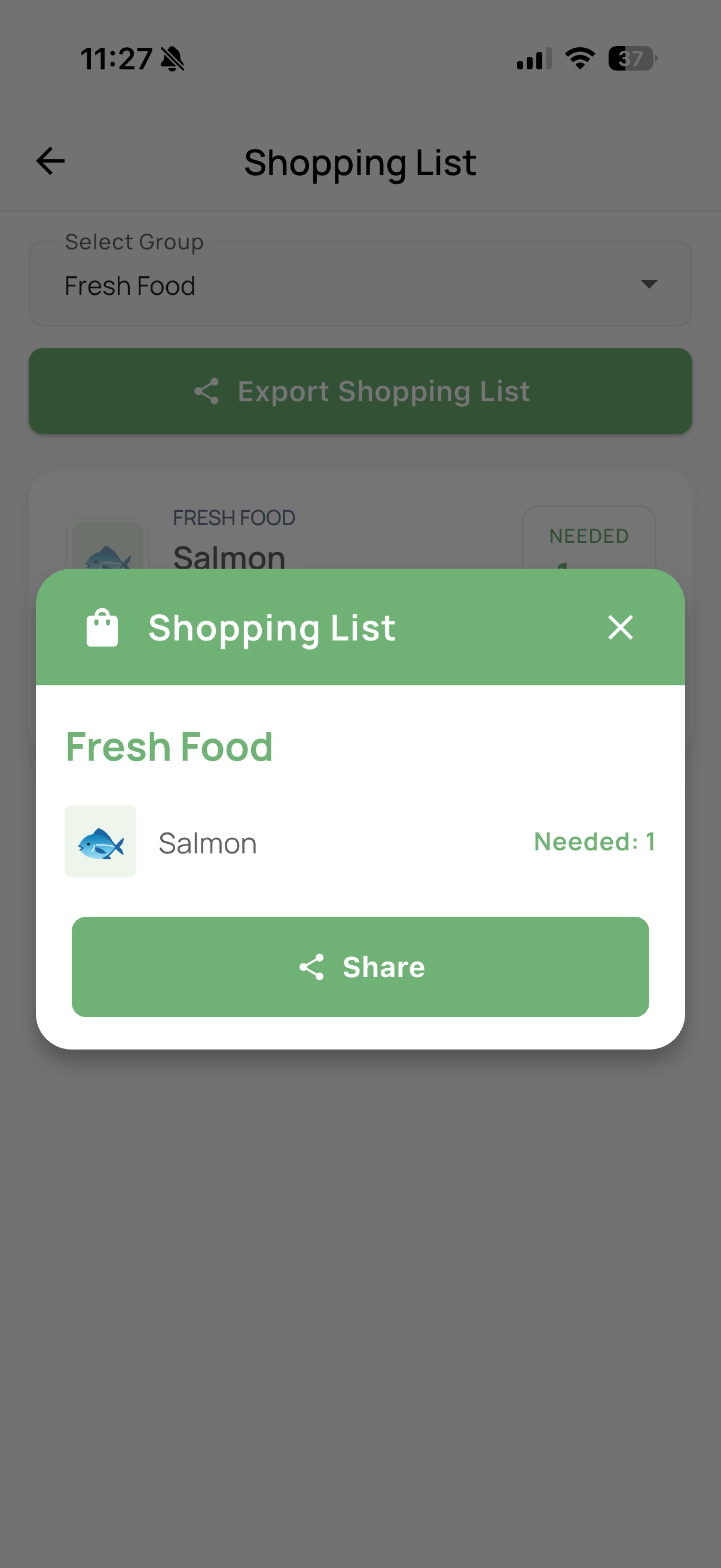 Shopping list share sheet for the Fresh Food group