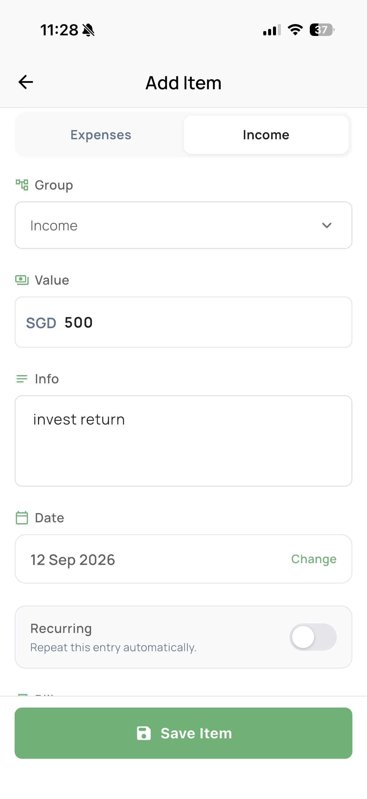 Add income entry for investment return